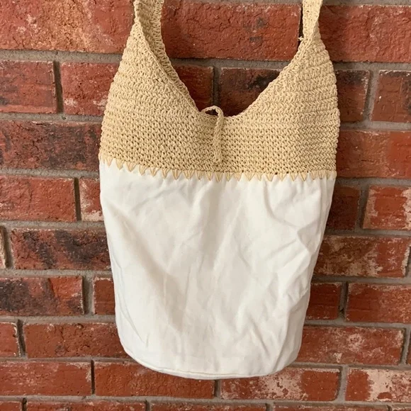 Neutral Straw Canvas Summer Bucket Beach Tote Bag - Picture 8 of 8